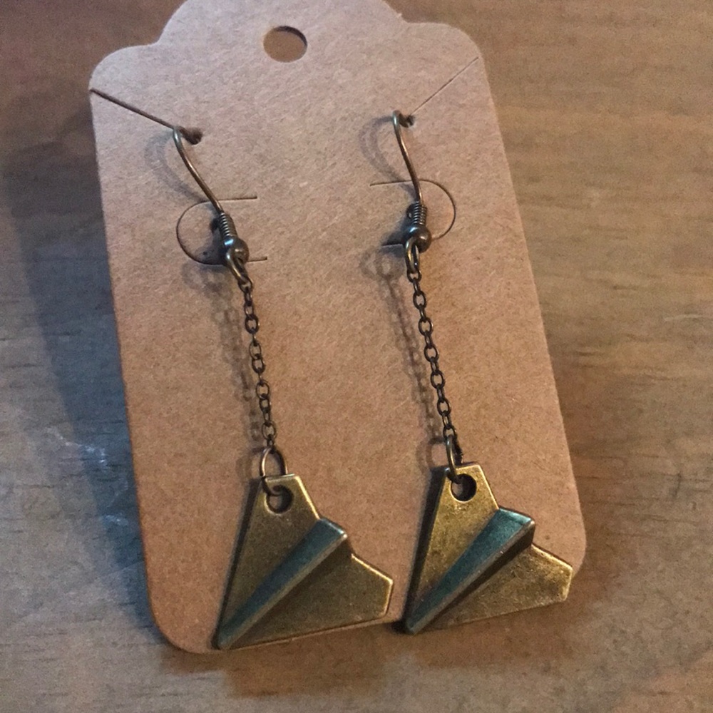 Handmade Antique Bronze Japanese Origami Paper Airplane Dangling Earrings